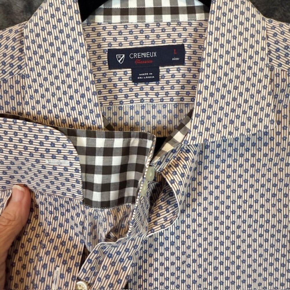 Daniel Cremieux Classics Contrast Cuff Button Front Shirt Blue Cream Brown Large